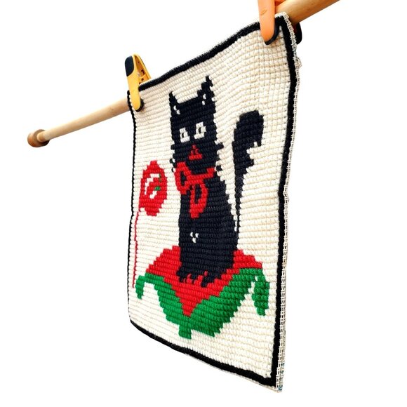Vintage Gobelin Needlepoint Black Cat Kitten 14x14 Completed Canvas L 01.44 - Picture 2 of 12